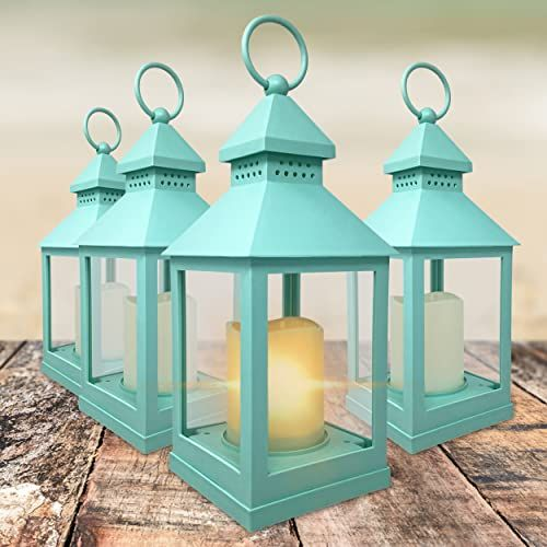 Decorative Teal Lantern - Set of 4 - Lanterns with Flameless Candles &