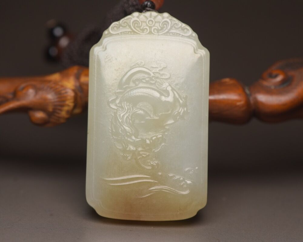Chinese Natural Hetian Jade Carved Exquisite Dragon Guanyin Statue Lucky Pendant