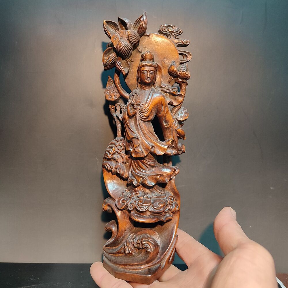 8" Vintage Wooden Carved Holding Lotus Kwan Yin Bodhisattva Statue Wood Figure
