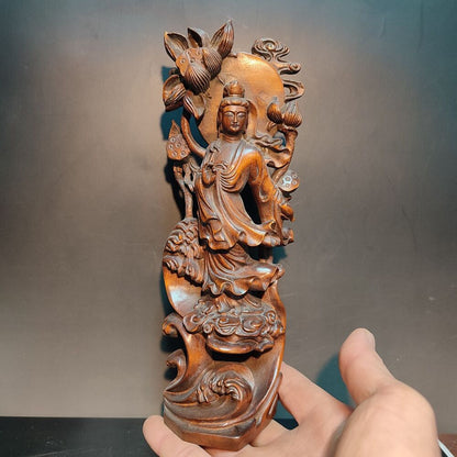 8" Vintage Wooden Carved Holding Lotus Kwan Yin Bodhisattva Statue Wood Figure