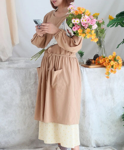Women Apron Cotton Waterproof Reversible With Long Sleeves Cooking Cleaning Wear