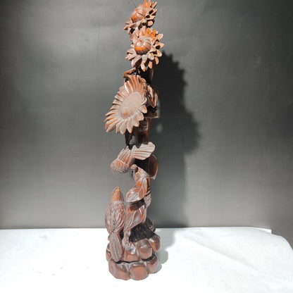 10" chinese boxwood carving Nature Scene bird sunflower Large statue home decor