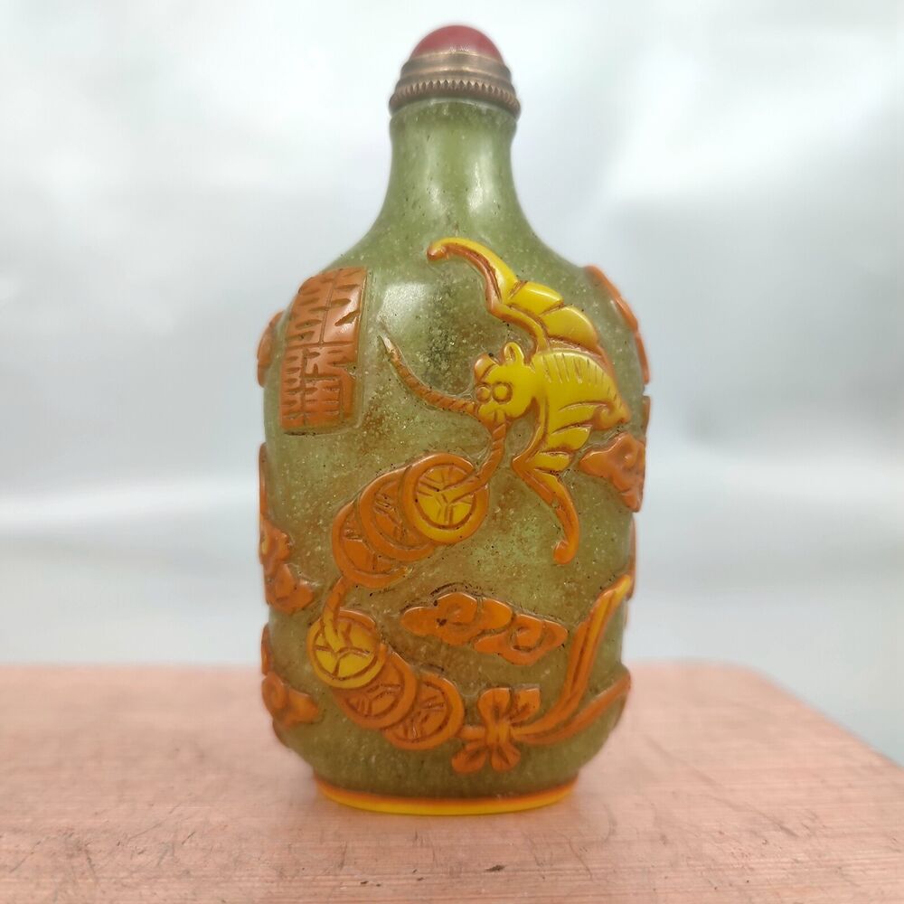 chinese snuff bottles peking glass vintage box carved bat yellow statue gifts