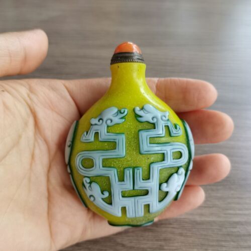 Chinese Colored Glazed Carved Double Sided Dragon Pattern Snuff Bottle Glass art