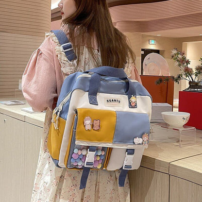 Contrast Color Backpack Multifunctional Nylon Fabric School Bag Purple/Pink/Blue