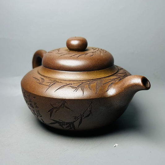 Vintage Chinese Yixing Purple Clay Teapot Zisha Ceremony Carving Bamboo Tea Set