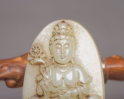 Chinese Natural Hetian Jade Carving Kuan Yin Statue Lucky Jade Pendant Amulets