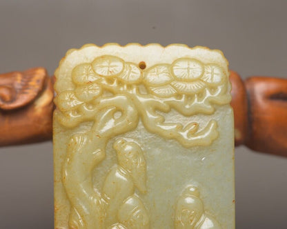 Chinese Old Natural Hetian Jade Carved Pine Figures Figurines Pendant Jewelry