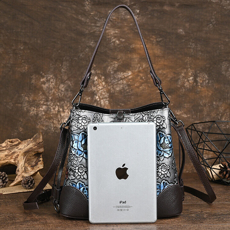 Vintage Women's Hi-Q Genuine Leather Handbags Embossed Designer Shoulder Bags
