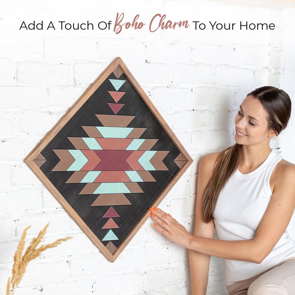 Wooden Wall Art Set Rustic Square Aztec Boho Sign Hanging Home Decor Design