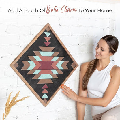 Wooden Wall Art Set Rustic Square Aztec Boho Sign Hanging Home Decor Design