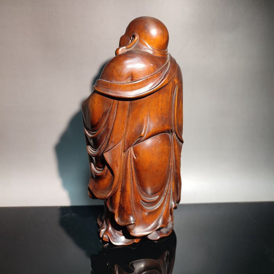 chinese carved wooden laughing Buddha Statue Buddhism monk wood decor praying