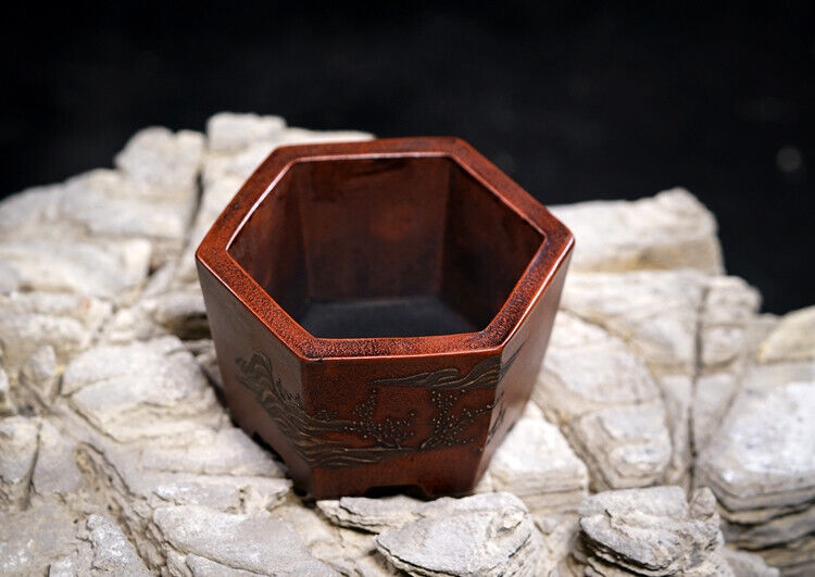 Chinese Yixing Zisha Clay Handmade Exquisite flowerpot（手工六方 底款：铁画轩）