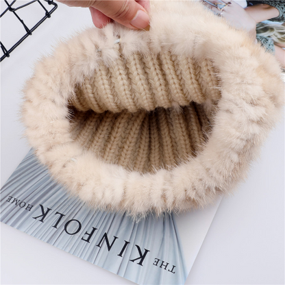 Real Mink Fur Hat Women Knitted Beanie Cap with Fur Pom Poms Thick Cap Elastic