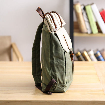 Water Resisant Vintage Waxed Canvas Backpack Fold-Over Satchel 14" Laptop Bag