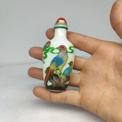 chinese carved tree bird statue peking glass snuff bottle painted Carving glaze