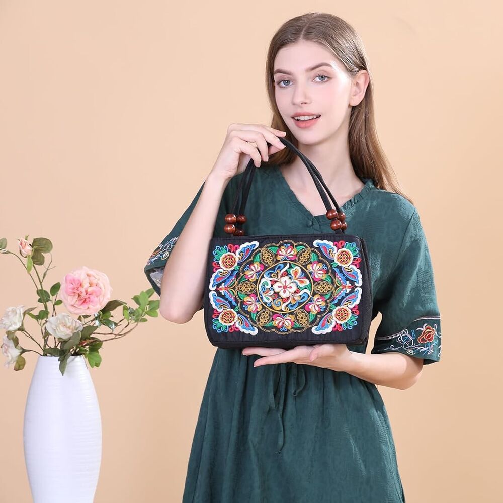 Double-Sided Embroidery Totes Bag Travel Beach Bag Vintage Embroidery Ethnic
