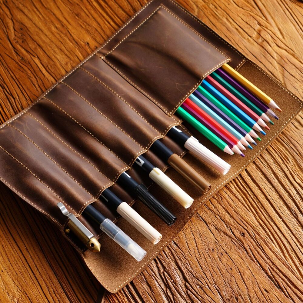 Handmade Cowhide Leather Pen Pouch Vintage Roll-up Pencil Case Bag Pen Curtain