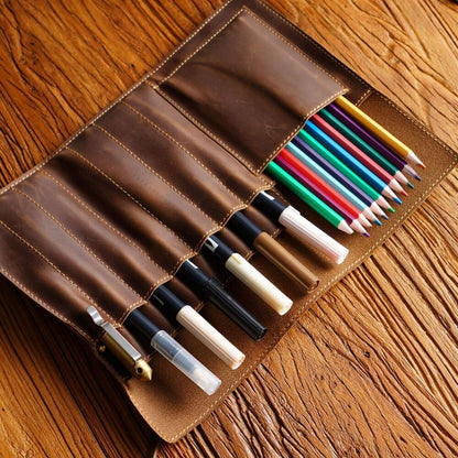 Handmade Cowhide Leather Pen Pouch Vintage Roll-up Pencil Case Bag Pen Curtain