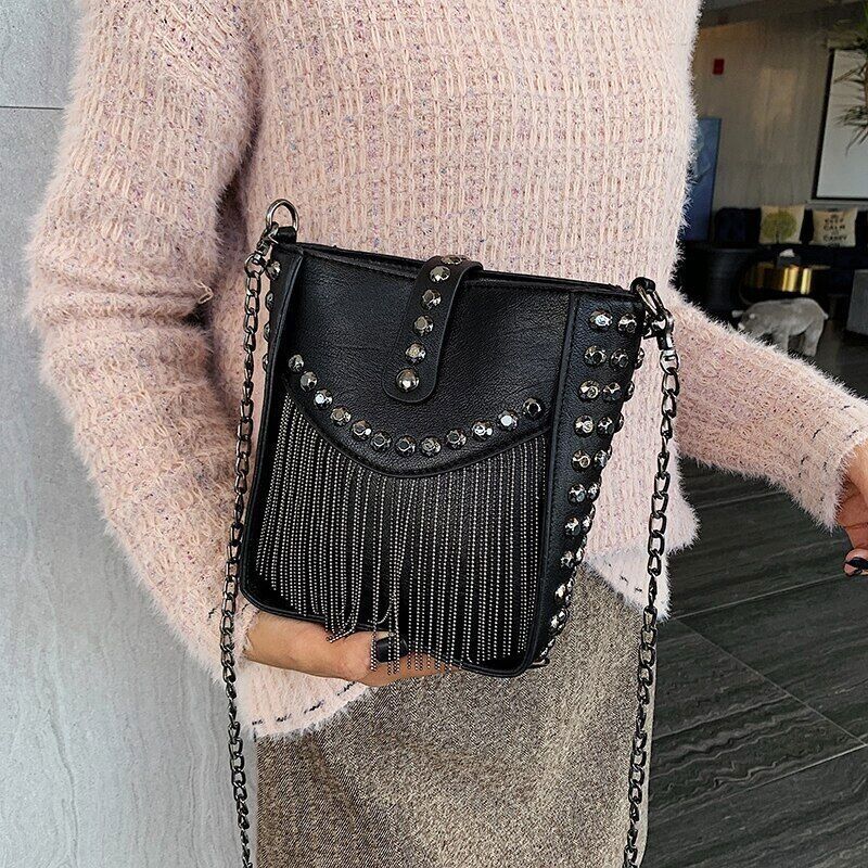 Women Shoulder Bag PU Leather Handbag Black Crossbody Tassel