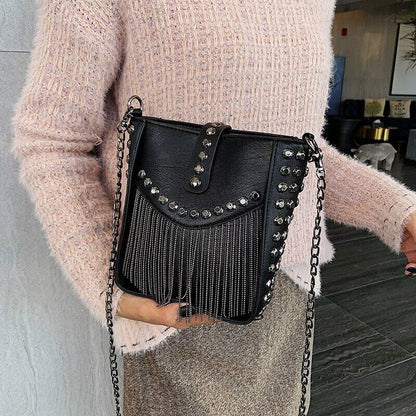 Women Shoulder Bag PU Leather Handbag Black Crossbody Tassel