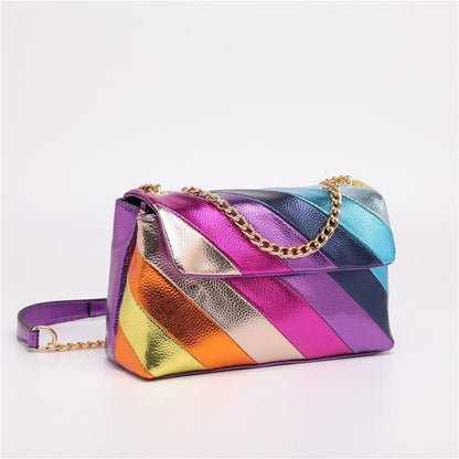 Rainbow Stitching Synthetic Handbag Metallic Chain Strap Crossbody Bag 27*9*17CM