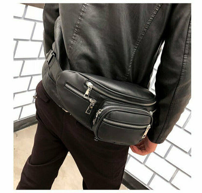 Women's Fanny Pack Purse Shoulder Chest Waist Bag Chain Zipper PU Leather Black