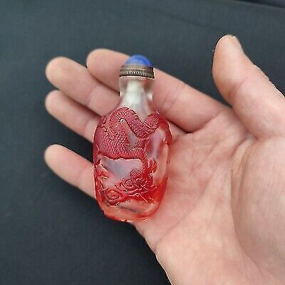 vintage chinese beijing glass snuff bottle red box dragon sculpture statue gift
