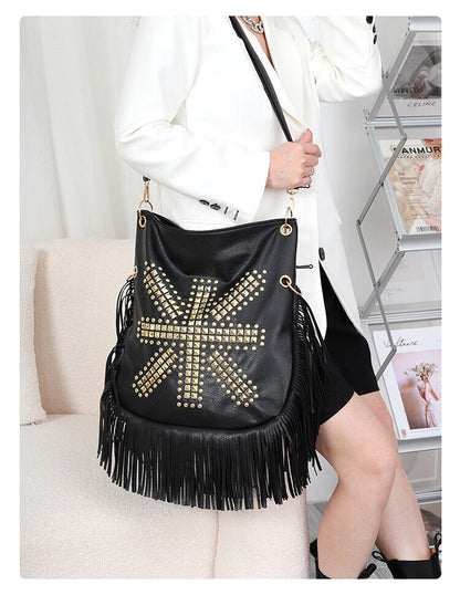 Celela Bohemian Style Retro Fashion Trend Rivets Leather Tassel Shoulder Bag