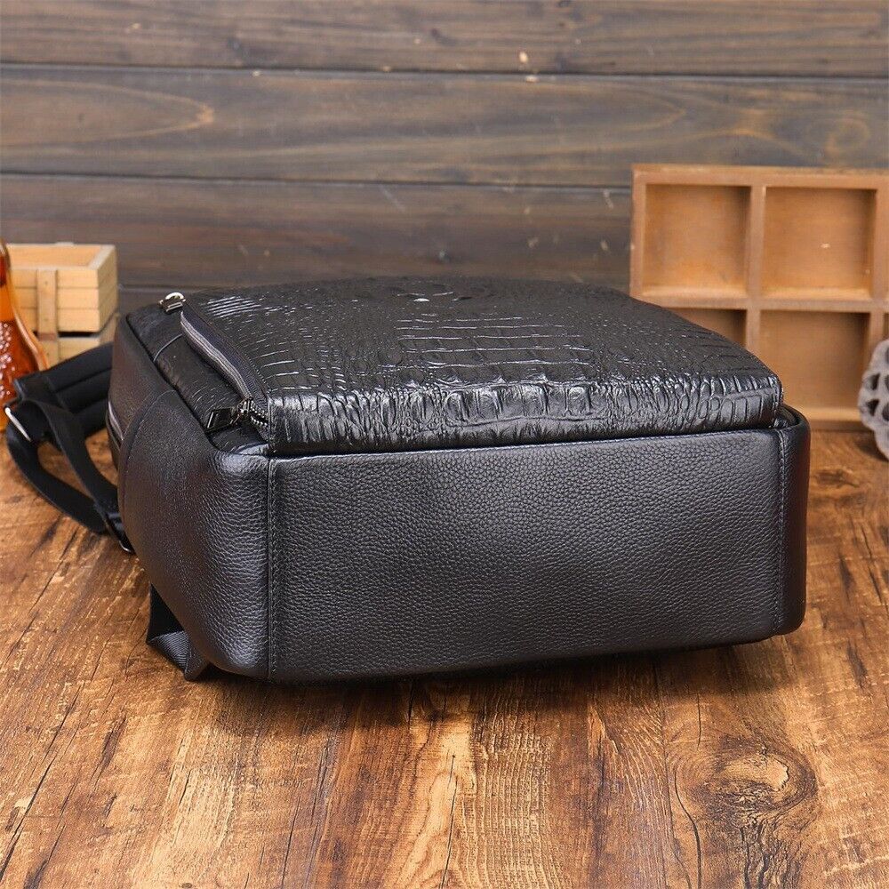 Top Cow Leather Black Men's Backpack, Crocodile Print Large Capacity Travel Bag