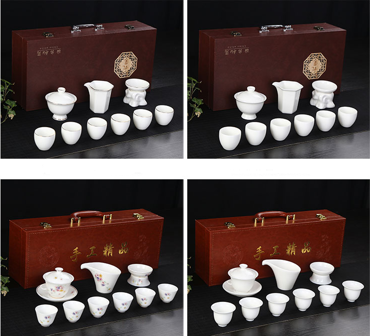 Hand covered bowl tea cup pure white fat jade porcelain gift box set
