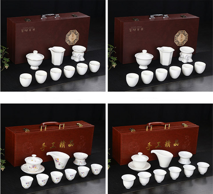 Hand covered bowl tea cup pure white fat jade porcelain gift box set
