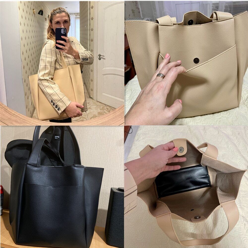 Leather Woman Tote Shopper Handbags Single Shoulder Bag with Outer Pocket