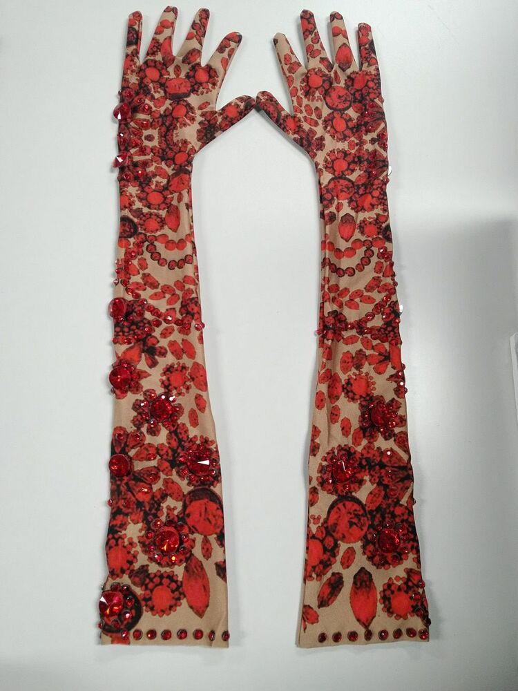 Women Fashion Gloves Red Floral Rhinestone Stretch Sparkling Spandex Long Mitten