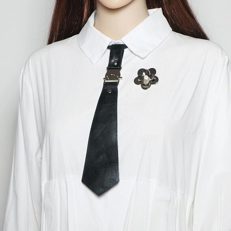 Women Necktie Faux Leather Black Gothic Uniform Pearl Flower Cosplay Bowtie 30cm