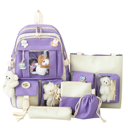 5pcs Sets Children's School Backpack Women's Bagpack Laptop Bag Students Totes