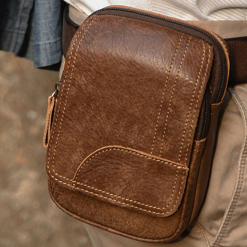 100% Genuine Leather Outdoor Sport Waist Bag Men's Brown Belt Bag & Fanny Pack