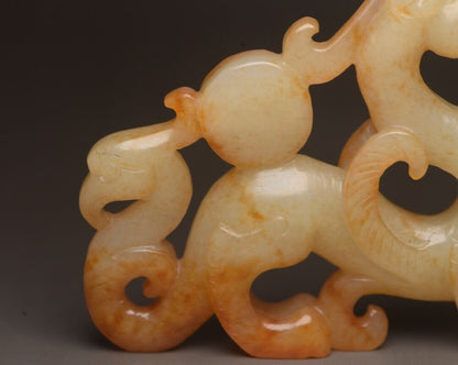 Top Chinese Antique Hetian Jade Carving Dragon Phoenix 龙凤呈祥 Statue Sculpture Art
