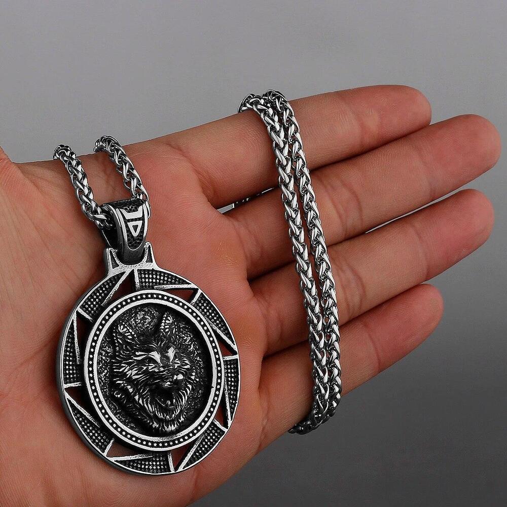 Wolf Necklaces Viking Style Wolf Head Pendant Runes Stainless Steel Necklace