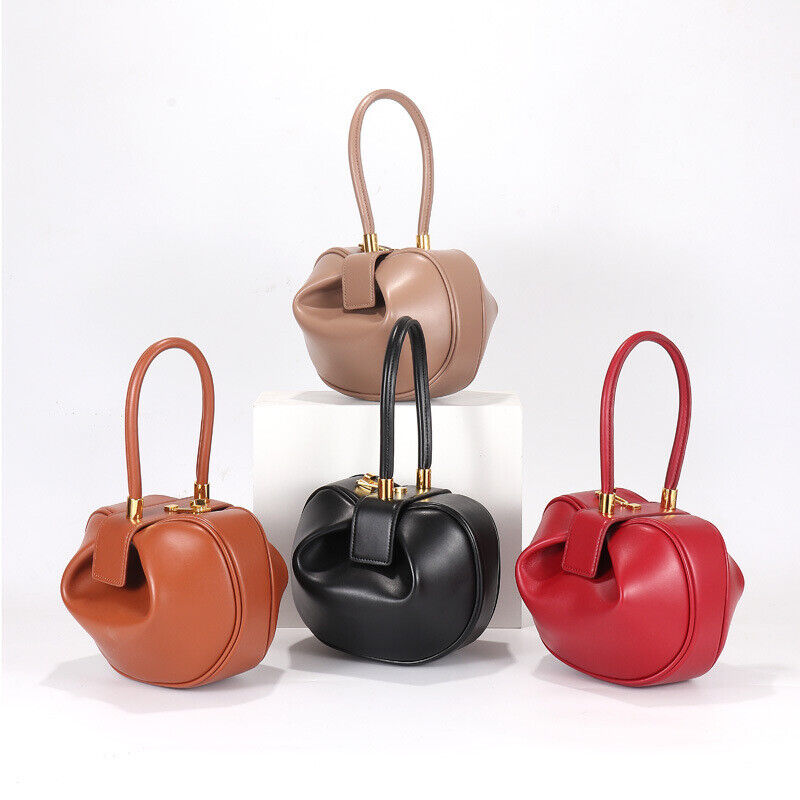 Real Leather Wonton Round Pouch Clutch Purse Top Handle Tote Handbag Grab Bag
