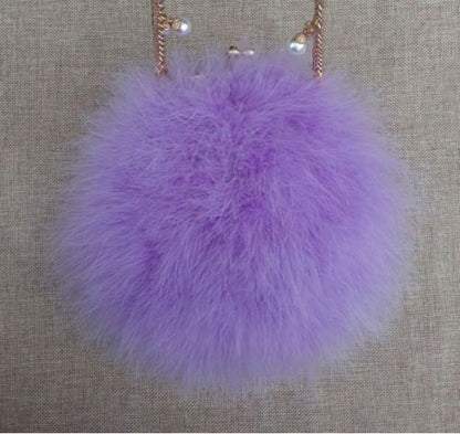 New Designer Fluffy Genuine Feather Clutch Fur Bag Round Chain Purse Multi-color