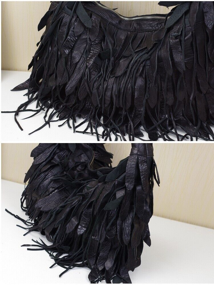 100% Genuine Leather Desinger Tassel Handbag Women's Black Tote Shoulder Bag