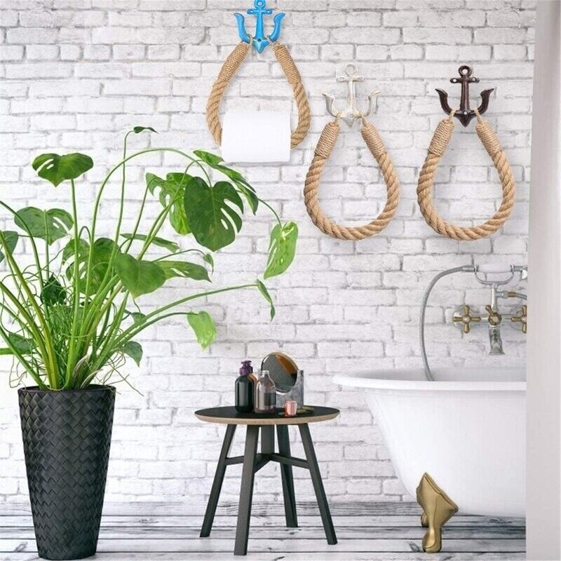 Nautical Rope Toilet Paper Holder Towel Ring Rack Metal Hook Bathroom Wall Decor