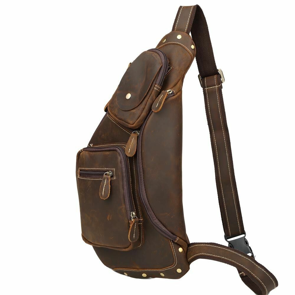 Vintage Men's Real Leather Shoulder Bag Sling Bag Chest Pack One Strap Backpack