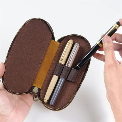 Pencil Case Zipper Leather Bag 3 Pens Capacity Student Stationery Storage Holder