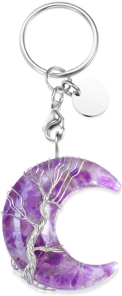 Healing Crystals Stones Keychain Tree of Life Wire Wrapped Crescent Moon Keychai