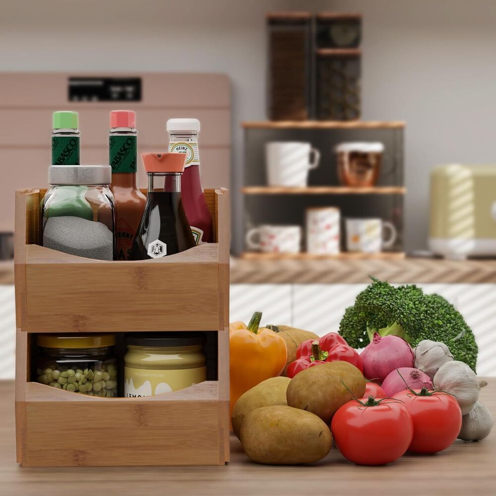 Open Front Stackable Storage Bins Bamboo Kitchen Counter Organizer 2 Pack