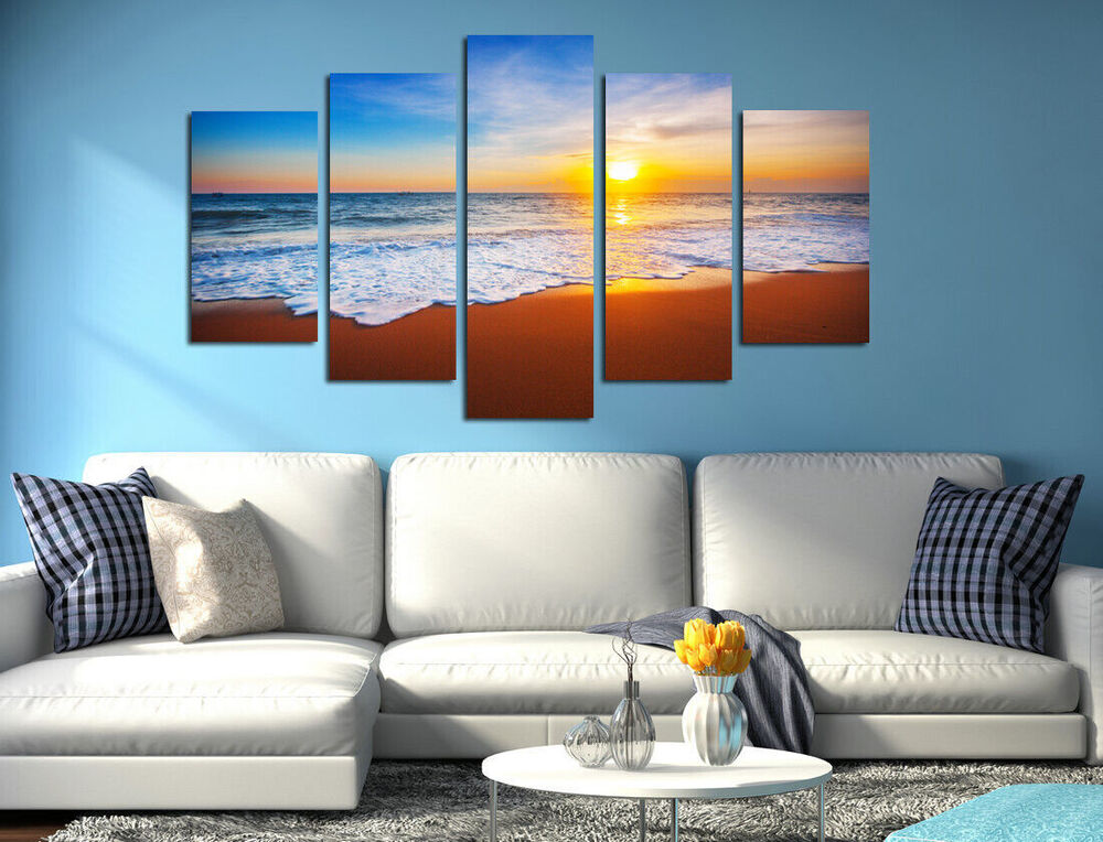 Seascape Sunrise Beach Wave 5 Pieces Canvas Wall Art Picture Poster Home Decor