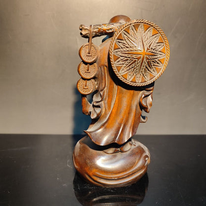 Boxwood carving wooden buddha statue laughing Amitabha sculptures decor figurine