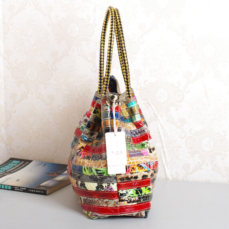 Women 100% Genuine Leather Snake Stripes Colorful Handbag Shoulder Satchel Tote